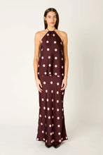 NIA Cressida top with Natalia Skirt in Wine polka dot, straight-on front view