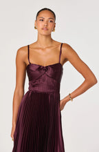 wine pleated dress with sweetheart neckline and smocked back panel