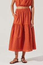 ASTR the Label Nalley Eyelet Skirt in rust orange with eyelet fabric and gathered waistband