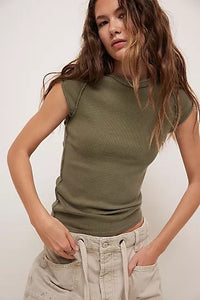 Ribbed cap sleeve tee in washed olive green with raw edge exposed seams and a close fit.
