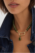 ALV Jewels Fall Carrie Necklace — Green, Green beaded strand, front clasp, pear-shaped pendant, gold-tone accents