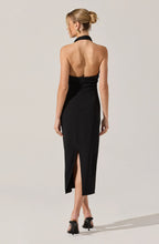 Sleek open-back midi dress in black with hardware trim at neckline