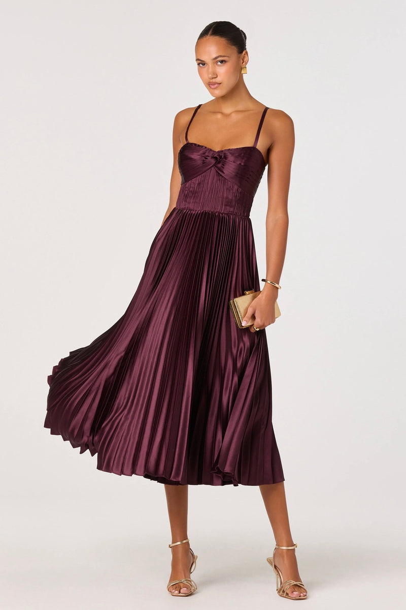 Wine pleated satin midi dress with sweetheart neckline and knot detail by ASTR