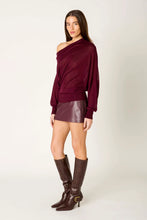 NIA Beatrice Plum sheer knit sweater, angled front model view