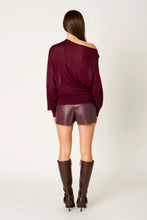 NIA Beatrice Sweater in Plum, back model view of draped knit
