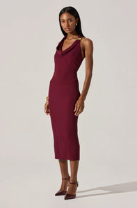 Elegant cowl neck halter dress with minimal lining and sleek silhouette