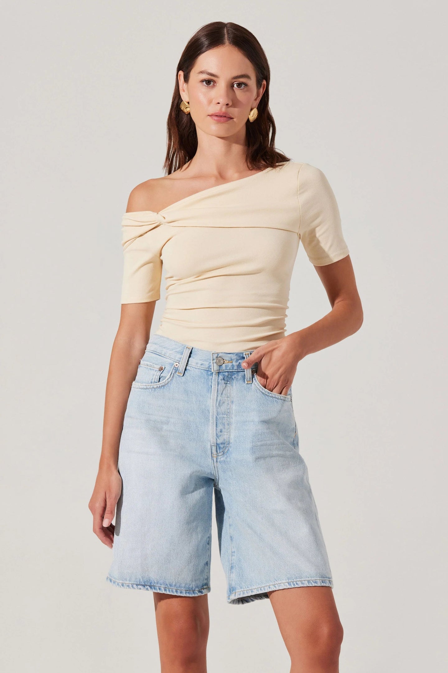 Saylah Off Shoulder Twist Top by ASTR the Label in a soft neutral cotton blend with ruched sides