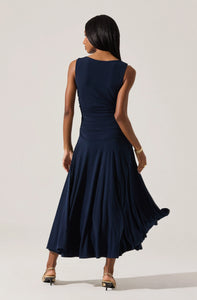 Melisandre Dress in deep navy with fitted bodice and soft unlined hem