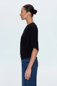 Side view of Pistola Veronica tee in compact black cotton