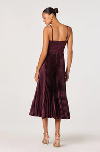 Formal pleated midi dress with removable straps and concealed zipper