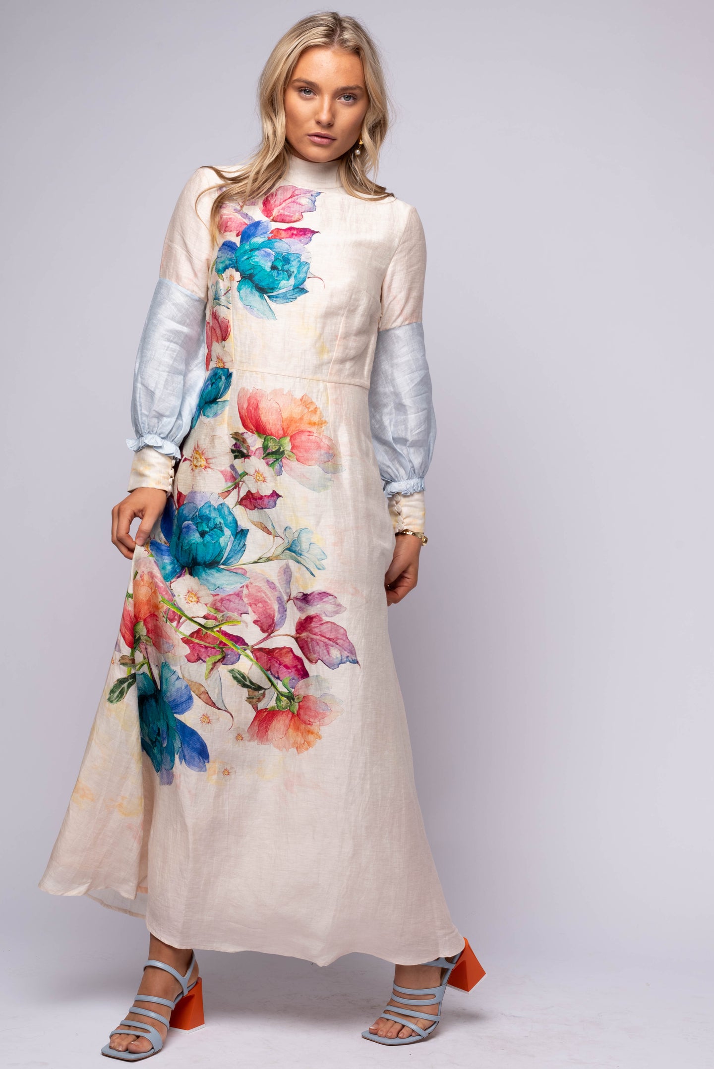 LA FUORI long sleeve floral linen midi dress