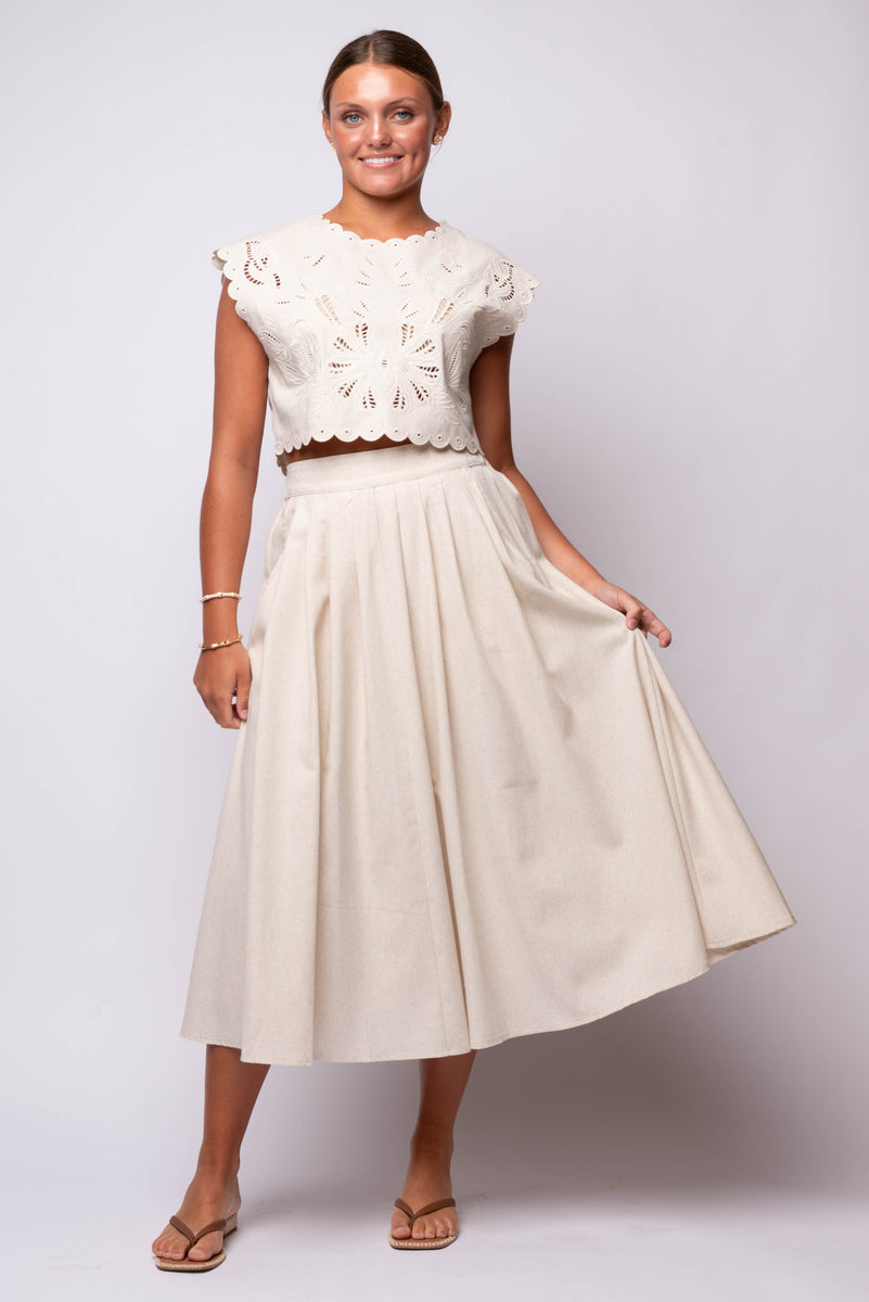 linen  crop top + pleated midi skirt combo