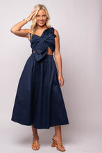  navy one-shoulder midi dress with oversized twisted bow, front cut-out