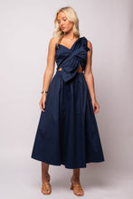  navy one-shoulder midi dress with front cut-out, and A-line skirt. 