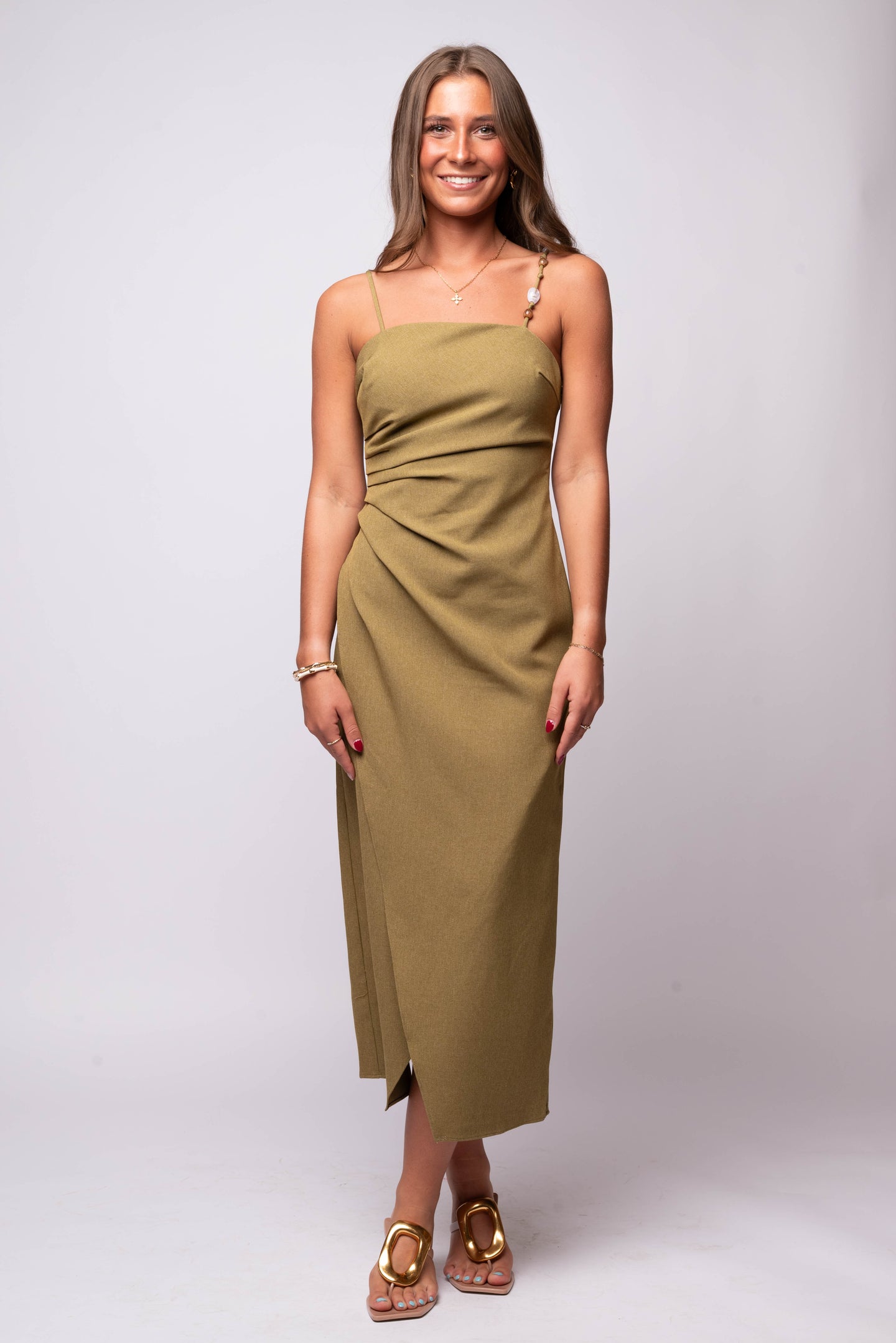 Lynx Pleated Midi Dress by En Saison in olive green midi 