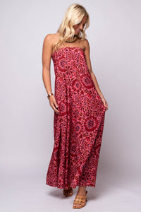 strapless red floral maxi dress
