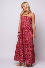 red patterned strapless maxi dress 