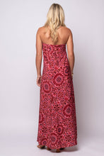 ink and red floral print on flowy maxi dress

