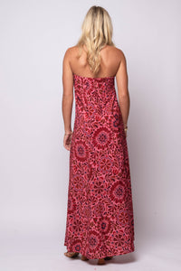 ink and red floral print on flowy maxi dress
