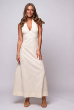 Ellis Embroidered Halter Maxi Dress by En Saison in cream with tie-back halter neckline and tonal embroidery