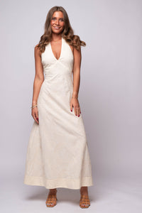 Ellis Embroidered Halter Maxi Dress by En Saison in cream with tie-back halter neckline and tonal embroidery