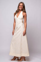 Cream with tie-back halter neckline and tonal embroidery with sequin detailing