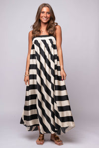  flowing black and cream diagonal striped maxi dress 