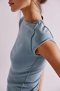 Free People Ever Had Tee in tourmaline, featuring cap sleeves and contrast exposed seams