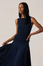 Sleeveless fall-ready midi dress with flattering silhouette in dark navy