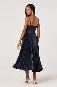 Elegant navy midi dress with twist bust, boned bodice, and adjustable straps