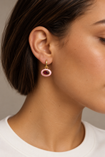 ALV Jewels EE Oval Drop Hoop Earrings — Pink, Gold-tone hoops, oval drops, pink surrounds, faceted deep red centers, sold as a pair