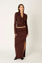 NIA Rosalind Chocolate cowl-neck top, angled front model view