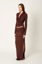 NIA Rosalind Top in Chocolate, side view of ruched waist and long sleeves