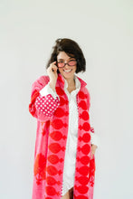 Sgt. Pepper Captain Cherry Bomb pink velvet duster with red embroidery, front model view