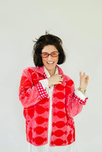 Sgt. Pepper Crew Cherry Bomb pink velvet jacket with red embroidery, front model view