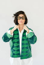 Sgt. Pepper Crew Green Onions green velvet jacket with bright green embroidery, front model view