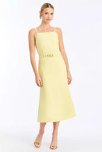 Front view of Mestiza New York Eugenia convertible midi dress with structured bodice and full skirt on the solid side