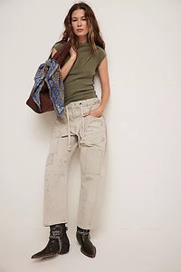 Fitted olive tee with crew neckline and raw seams in a soft, ribbed cotton fabric.