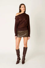 NIA Beatrice Sweater in Brown, front model view with asymmetric off-shoulder neckline
