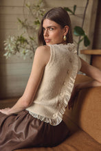 Sleeveless cream cable knit sweater tank with ruffle back and pearl buttons by ASTR