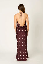 NIA Cressida top and Natalia skirt in Wine polka dot, back view of open halter