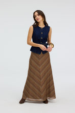 ALLISON New York Olive Skirt in Chestnut Multi, front view styled with denim vest