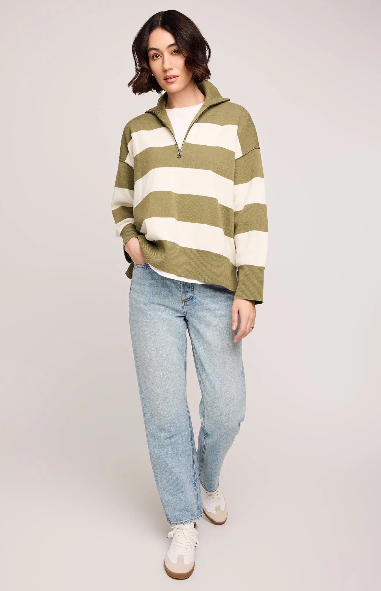 Striped Gentle Fawn sweater styled with denim, casual outfit