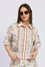 En Saison Alaia Linen Top with colorful botanical scarf print and contrast trim