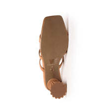 Slip-on block heel sandal in tan with architectural detailing