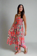 multicolor floral print cotton maxi with spaghetti straps and gathered skirt detail.