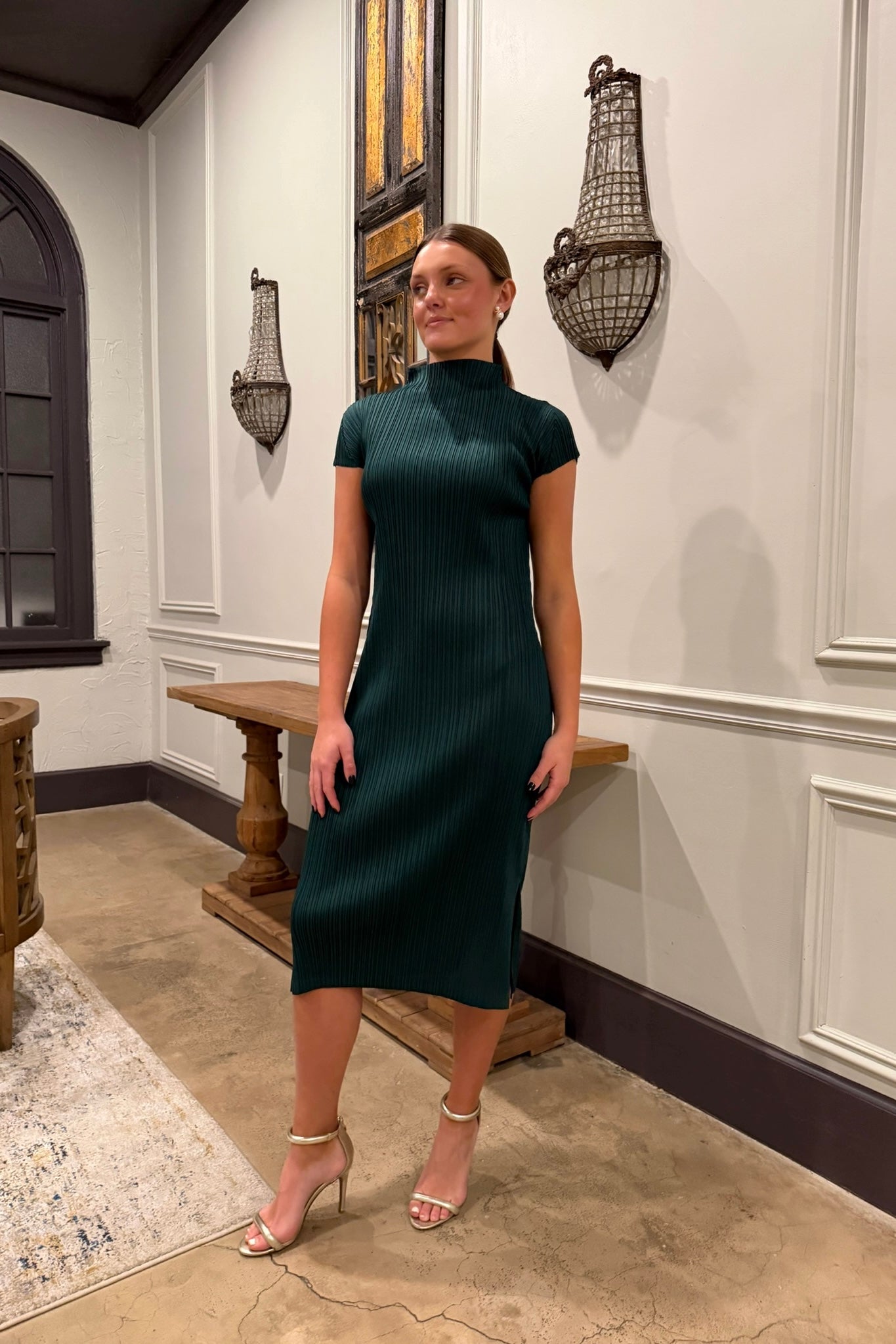 Brittny Plissé Satin Mockneck Dress