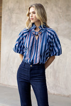 Stripe Puff Sleeve Tie Front Top, Navy