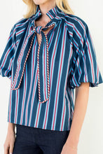 Stripe Puff Sleeve Tie Front Top, Navy
