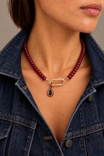ALV Jewels Carrie's Favorite Toggle Necklace — Burgundy, Burgundy gemstone beaded necklace, front clasp, chocolate enamel pear bezel gemstone drop, Carrie Bankston 2.0 collection
